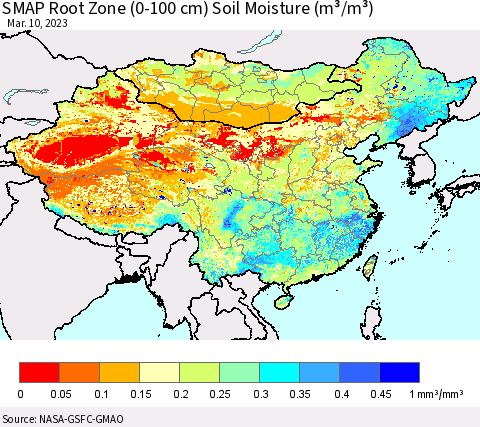 China, Mongolia and Taiwan SMAP Root Zone (0-100 cm) Soil Moisture (m³/m³) Thematic Map For 3/6/2023 - 3/10/2023
