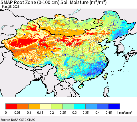 China, Mongolia and Taiwan SMAP Root Zone (0-100 cm) Soil Moisture (m³/m³) Thematic Map For 3/21/2023 - 3/25/2023