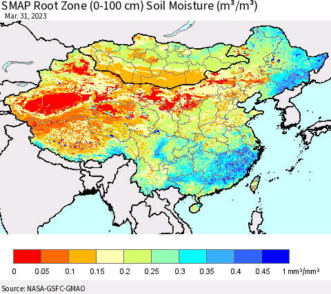 China, Mongolia and Taiwan SMAP Root Zone (0-100 cm) Soil Moisture (m³/m³) Thematic Map For 3/26/2023 - 3/31/2023