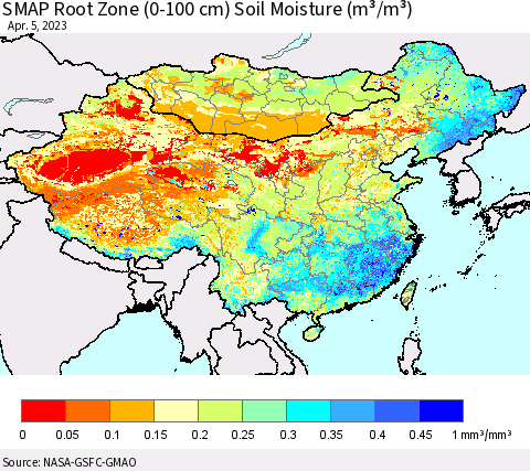 China, Mongolia and Taiwan SMAP Root Zone (0-100 cm) Soil Moisture (m³/m³) Thematic Map For 4/1/2023 - 4/5/2023