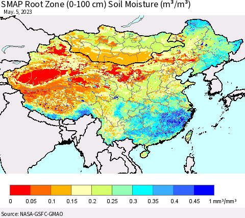 China, Mongolia and Taiwan SMAP Root Zone (0-100 cm) Soil Moisture (m³/m³) Thematic Map For 5/1/2023 - 5/5/2023