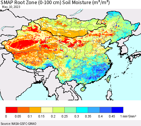 China, Mongolia and Taiwan SMAP Root Zone (0-100 cm) Soil Moisture (m³/m³) Thematic Map For 5/6/2023 - 5/10/2023