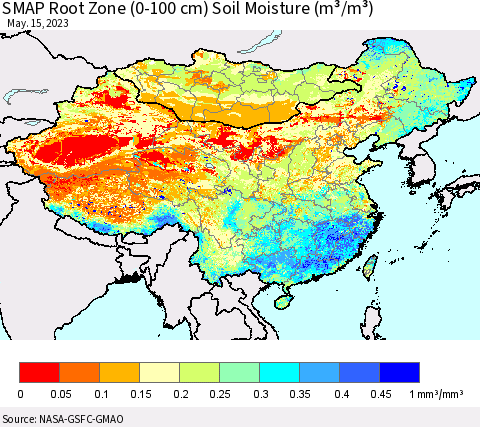 China, Mongolia and Taiwan SMAP Root Zone (0-100 cm) Soil Moisture (m³/m³) Thematic Map For 5/11/2023 - 5/15/2023