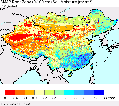 China, Mongolia and Taiwan SMAP Root Zone (0-100 cm) Soil Moisture (m³/m³) Thematic Map For 5/16/2023 - 5/20/2023
