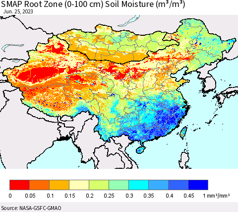China, Mongolia and Taiwan SMAP Root Zone (0-100 cm) Soil Moisture (m³/m³) Thematic Map For 6/21/2023 - 6/25/2023