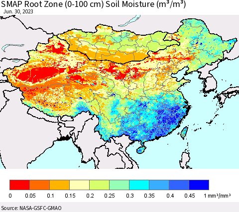 China, Mongolia and Taiwan SMAP Root Zone (0-100 cm) Soil Moisture (m³/m³) Thematic Map For 6/26/2023 - 6/30/2023