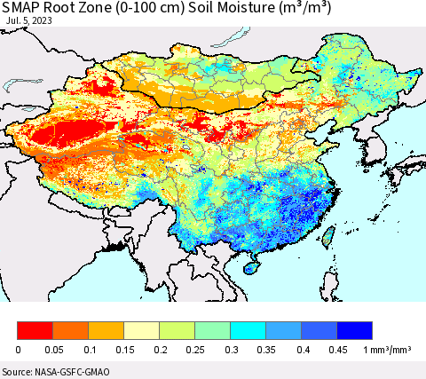China, Mongolia and Taiwan SMAP Root Zone (0-100 cm) Soil Moisture (m³/m³) Thematic Map For 7/1/2023 - 7/5/2023
