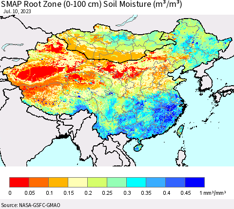 China, Mongolia and Taiwan SMAP Root Zone (0-100 cm) Soil Moisture (m³/m³) Thematic Map For 7/6/2023 - 7/10/2023