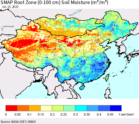 China, Mongolia and Taiwan SMAP Root Zone (0-100 cm) Soil Moisture (m³/m³) Thematic Map For 7/11/2023 - 7/15/2023