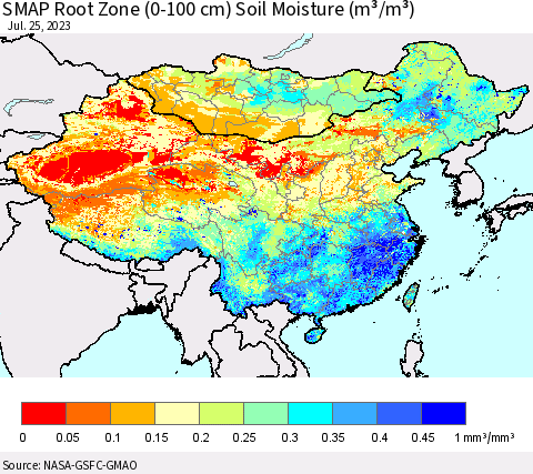 China, Mongolia and Taiwan SMAP Root Zone (0-100 cm) Soil Moisture (m³/m³) Thematic Map For 7/21/2023 - 7/25/2023