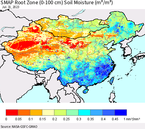 China, Mongolia and Taiwan SMAP Root Zone (0-100 cm) Soil Moisture (m³/m³) Thematic Map For 7/26/2023 - 7/31/2023