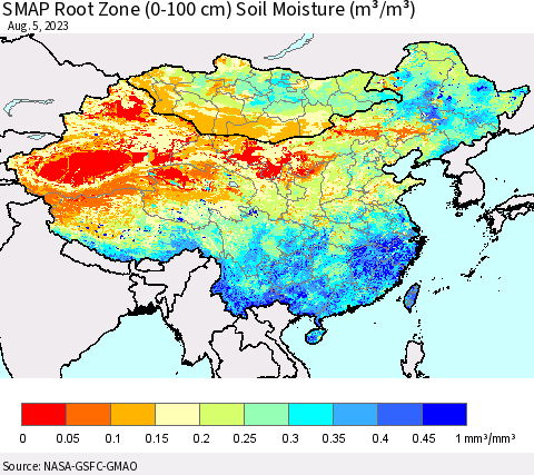 China, Mongolia and Taiwan SMAP Root Zone (0-100 cm) Soil Moisture (m³/m³) Thematic Map For 8/1/2023 - 8/5/2023