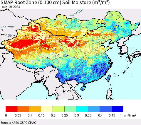 China, Mongolia and Taiwan SMAP Root Zone (0-100 cm) Soil Moisture (m³/m³) Thematic Map For 8/6/2023 - 8/10/2023