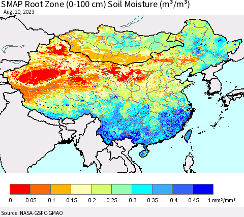 China, Mongolia and Taiwan SMAP Root Zone (0-100 cm) Soil Moisture (m³/m³) Thematic Map For 8/16/2023 - 8/20/2023