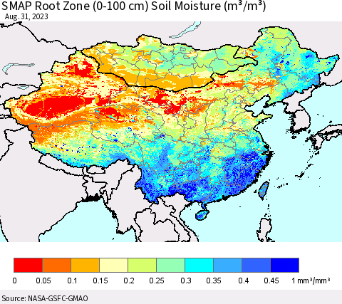 China, Mongolia and Taiwan SMAP Root Zone (0-100 cm) Soil Moisture (m³/m³) Thematic Map For 8/26/2023 - 8/31/2023