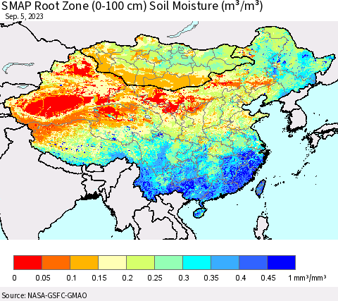 China, Mongolia and Taiwan SMAP Root Zone (0-100 cm) Soil Moisture (m³/m³) Thematic Map For 9/1/2023 - 9/5/2023