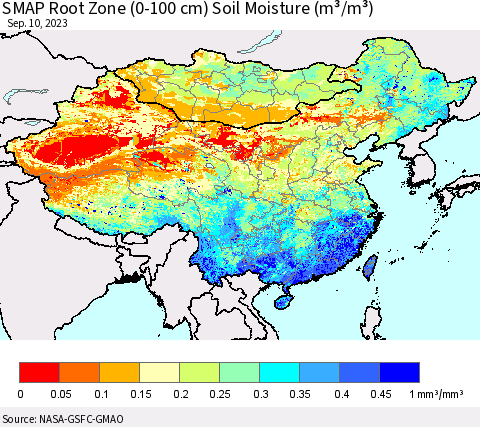China, Mongolia and Taiwan SMAP Root Zone (0-100 cm) Soil Moisture (m³/m³) Thematic Map For 9/6/2023 - 9/10/2023