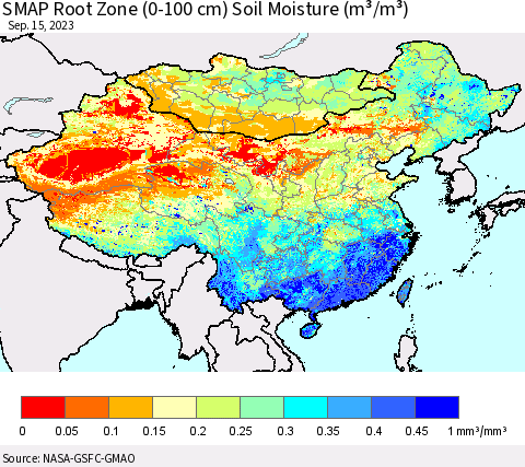 China, Mongolia and Taiwan SMAP Root Zone (0-100 cm) Soil Moisture (m³/m³) Thematic Map For 9/11/2023 - 9/15/2023