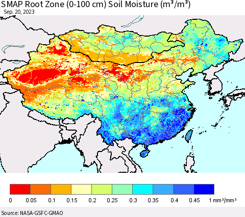 China, Mongolia and Taiwan SMAP Root Zone (0-100 cm) Soil Moisture (m³/m³) Thematic Map For 9/16/2023 - 9/20/2023