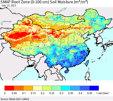 China, Mongolia and Taiwan SMAP Root Zone (0-100 cm) Soil Moisture (m³/m³) Thematic Map For 9/21/2023 - 9/25/2023