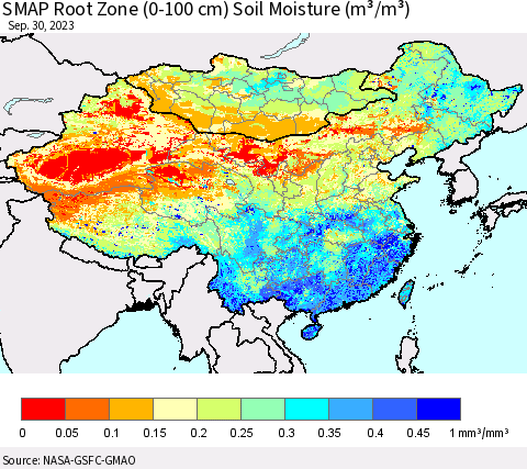 China, Mongolia and Taiwan SMAP Root Zone (0-100 cm) Soil Moisture (m³/m³) Thematic Map For 9/26/2023 - 9/30/2023