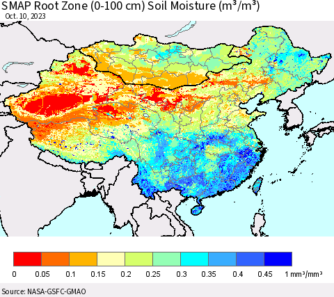 China, Mongolia and Taiwan SMAP Root Zone (0-100 cm) Soil Moisture (m³/m³) Thematic Map For 10/6/2023 - 10/10/2023