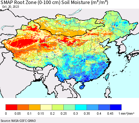 China, Mongolia and Taiwan SMAP Root Zone (0-100 cm) Soil Moisture (m³/m³) Thematic Map For 10/16/2023 - 10/20/2023