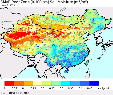 China, Mongolia and Taiwan SMAP Root Zone (0-100 cm) Soil Moisture (m³/m³) Thematic Map For 11/1/2023 - 11/5/2023