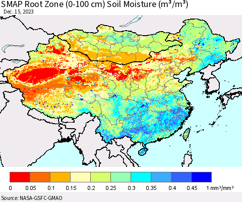 China, Mongolia and Taiwan SMAP Root Zone (0-100 cm) Soil Moisture (m³/m³) Thematic Map For 12/11/2023 - 12/15/2023