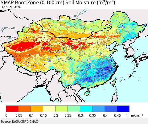 China, Mongolia and Taiwan SMAP Root Zone (0-100 cm) Soil Moisture (m³/m³) Thematic Map For 2/26/2024 - 2/29/2024