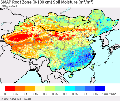 China, Mongolia and Taiwan SMAP Root Zone (0-100 cm) Soil Moisture (m³/m³) Thematic Map For 3/6/2024 - 3/10/2024