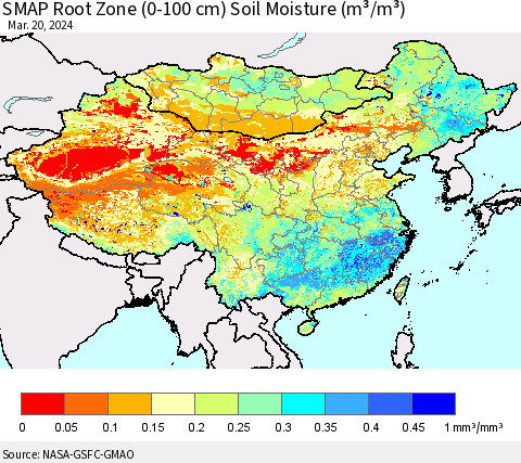 China, Mongolia and Taiwan SMAP Root Zone (0-100 cm) Soil Moisture (m³/m³) Thematic Map For 3/16/2024 - 3/20/2024