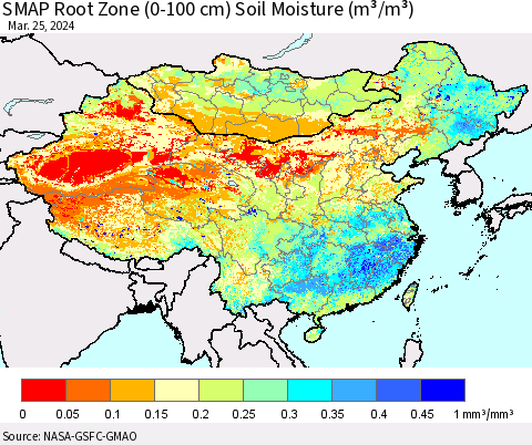 China, Mongolia and Taiwan SMAP Root Zone (0-100 cm) Soil Moisture (m³/m³) Thematic Map For 3/21/2024 - 3/25/2024