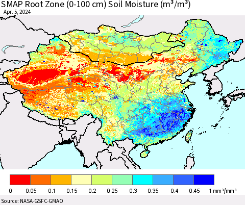 China, Mongolia and Taiwan SMAP Root Zone (0-100 cm) Soil Moisture (m³/m³) Thematic Map For 4/1/2024 - 4/5/2024