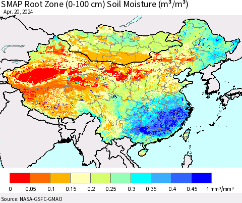 China, Mongolia and Taiwan SMAP Root Zone (0-100 cm) Soil Moisture (m³/m³) Thematic Map For 4/16/2024 - 4/20/2024