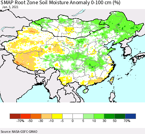 China, Mongolia and Taiwan SMAP Root Zone (0-100 cm) Soil Moisture Anomaly (%) Thematic Map For 1/1/2021 - 1/5/2021