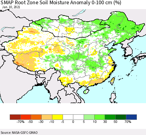 China, Mongolia and Taiwan SMAP Root Zone (0-100 cm) Soil Moisture Anomaly (%) Thematic Map For 1/6/2021 - 1/10/2021