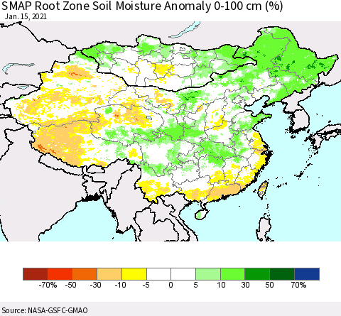 China, Mongolia and Taiwan SMAP Root Zone (0-100 cm) Soil Moisture Anomaly (%) Thematic Map For 1/11/2021 - 1/15/2021