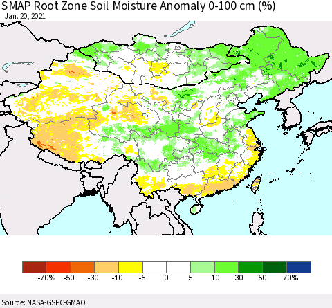 China, Mongolia and Taiwan SMAP Root Zone (0-100 cm) Soil Moisture Anomaly (%) Thematic Map For 1/16/2021 - 1/20/2021