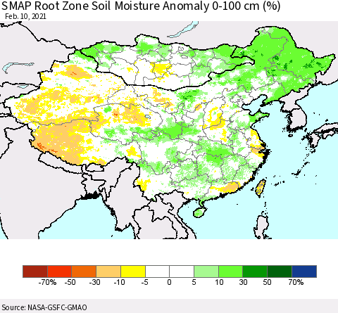China, Mongolia and Taiwan SMAP Root Zone (0-100 cm) Soil Moisture Anomaly (%) Thematic Map For 2/6/2021 - 2/10/2021