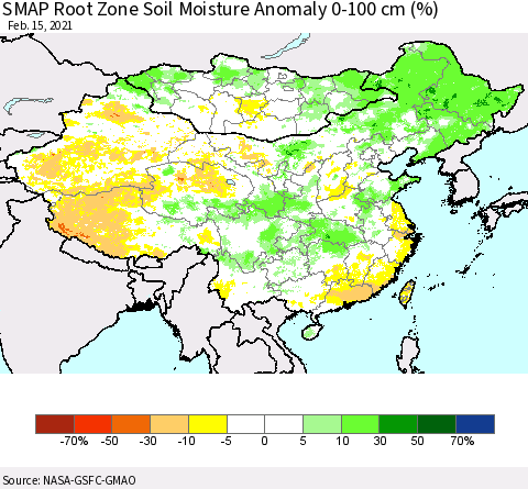 China, Mongolia and Taiwan SMAP Root Zone (0-100 cm) Soil Moisture Anomaly (%) Thematic Map For 2/11/2021 - 2/15/2021