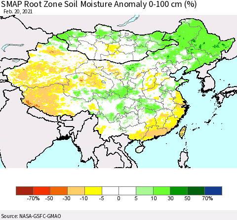 China, Mongolia and Taiwan SMAP Root Zone (0-100 cm) Soil Moisture Anomaly (%) Thematic Map For 2/16/2021 - 2/20/2021