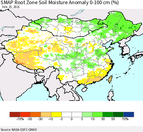 China, Mongolia and Taiwan SMAP Root Zone (0-100 cm) Soil Moisture Anomaly (%) Thematic Map For 2/21/2021 - 2/25/2021