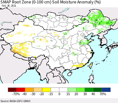 China, Mongolia and Taiwan SMAP Root Zone (0-100 cm) Soil Moisture Anomaly (%) Thematic Map For 2/26/2021 - 2/28/2021