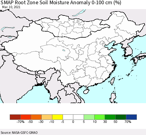 China, Mongolia and Taiwan SMAP Root Zone (0-100 cm) Soil Moisture Anomaly (%) Thematic Map For 3/6/2021 - 3/10/2021