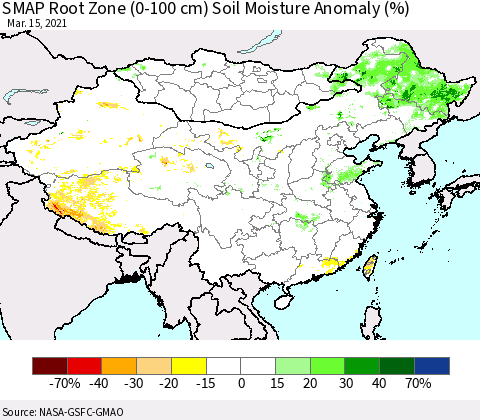 China, Mongolia and Taiwan SMAP Root Zone (0-100 cm) Soil Moisture Anomaly (%) Thematic Map For 3/11/2021 - 3/15/2021