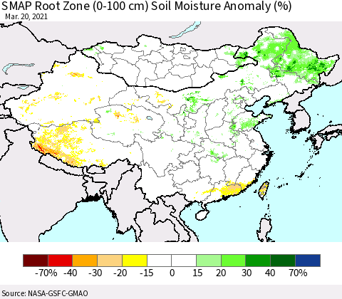 China, Mongolia and Taiwan SMAP Root Zone (0-100 cm) Soil Moisture Anomaly (%) Thematic Map For 3/16/2021 - 3/20/2021