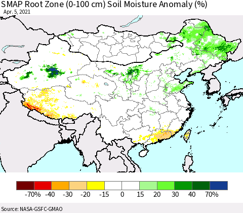 China, Mongolia and Taiwan SMAP Root Zone (0-100 cm) Soil Moisture Anomaly (%) Thematic Map For 4/1/2021 - 4/5/2021