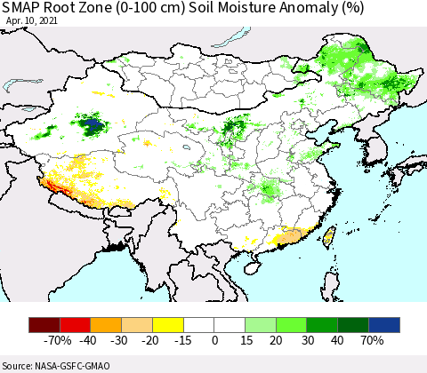 China, Mongolia and Taiwan SMAP Root Zone (0-100 cm) Soil Moisture Anomaly (%) Thematic Map For 4/6/2021 - 4/10/2021