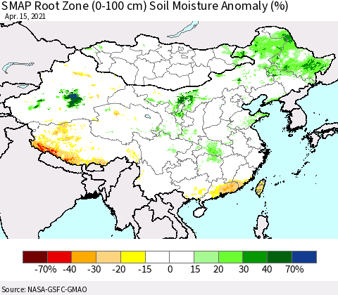 China, Mongolia and Taiwan SMAP Root Zone (0-100 cm) Soil Moisture Anomaly (%) Thematic Map For 4/11/2021 - 4/15/2021